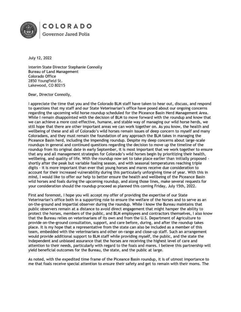 A Letter to the BLM sent by Governor Jared Polis Page 1