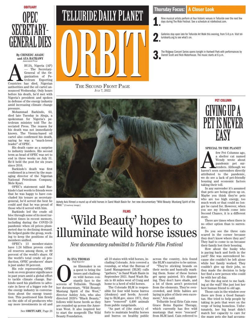 "Wild Beauty" on the Cover of the Telluride Daily Planet