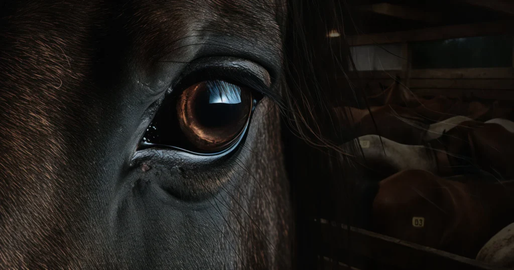 Close up of horse eye with horse stall in the background